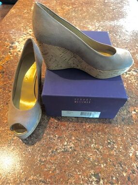 Stuart Weitzman Taupe Peep-Toe Cork Wedge Heels